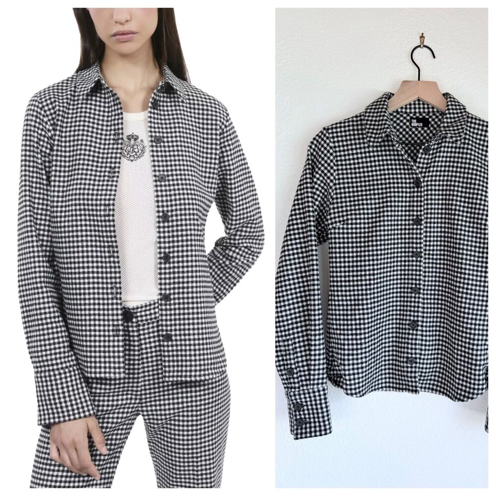 NEW The Kooples Womens Vicky Wool-Blend Flannel Check Shirt in Black & White US4